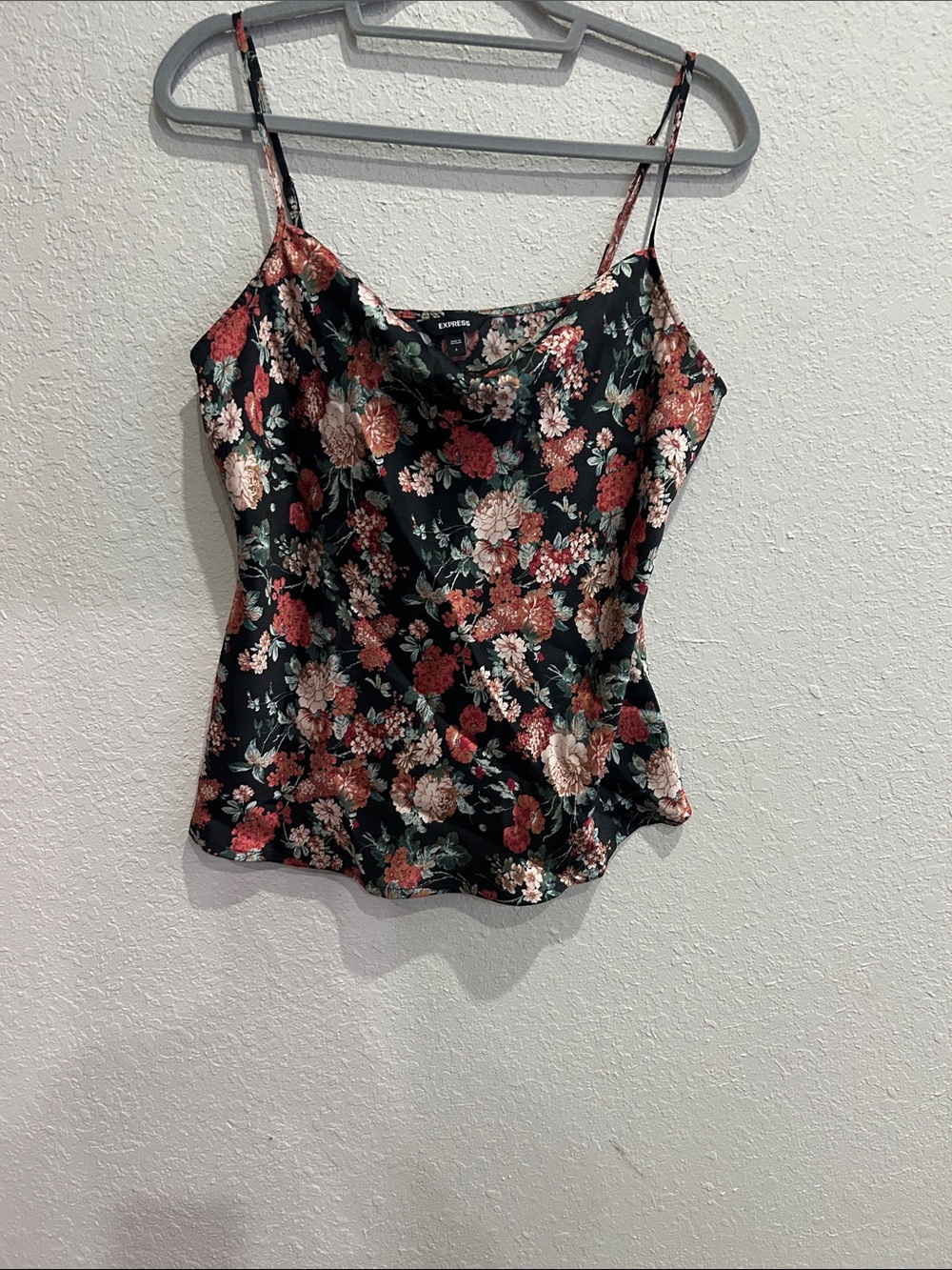 Express Satin Floral Cowl Cami - Black with Red & Cream Flowers